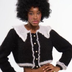 MARIDRUNA O/S NWT Kate Cardigan Mohair Wool Sweater Black White Collared